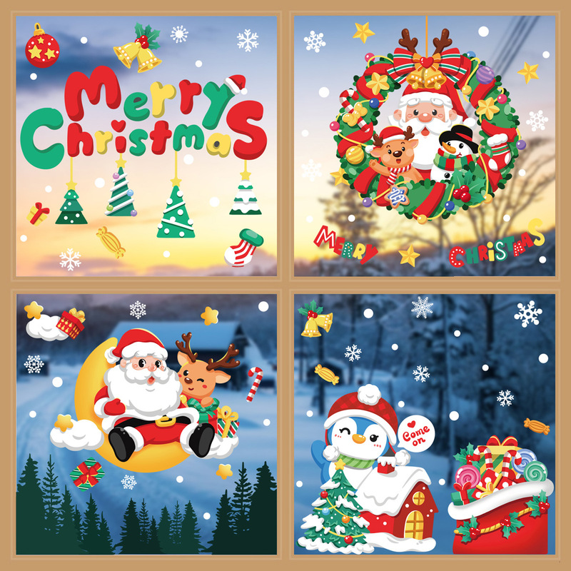 クリスマスデコレーションスノーフレークステッカーサンタクロースヘラジカ雪だるまガーランド静電ステッカートランスボーダーメリークリスマスウィンドウステッカー|undefined