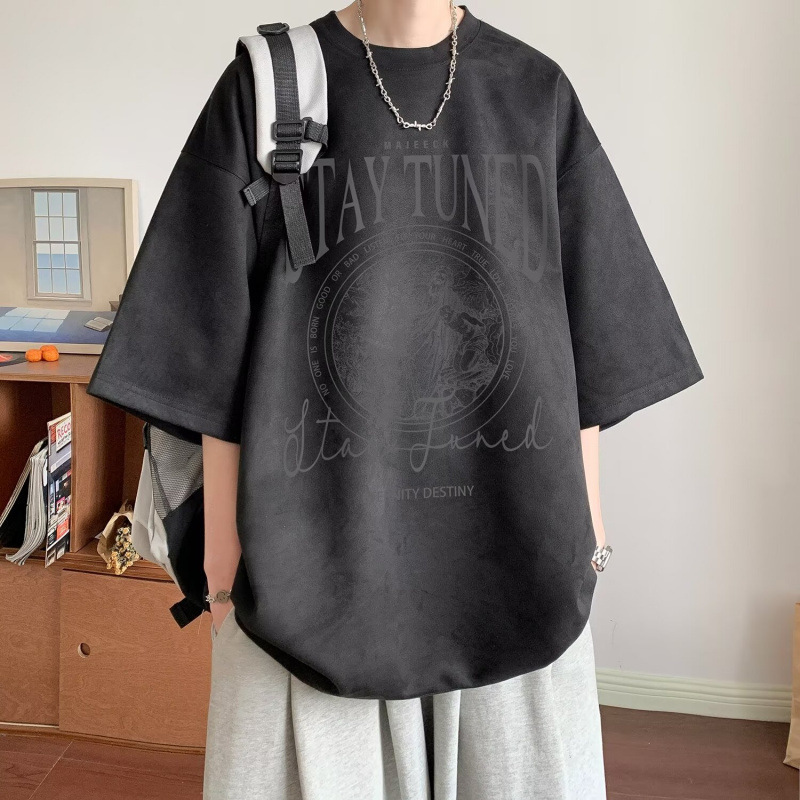 2025新款仿麂皮短袖男夏季新款美式重磅潮牌宽松半袖T恤五分袖潮|undefined