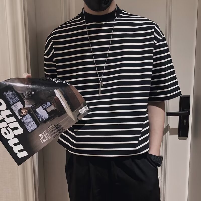 올 매치 반팔 남성 티셔츠 여름 새로운 느슨한 한국식 트렌디 한 스트라이프 반 터틀넥 반소매 트렌디 티셔츠
