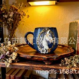 跨境宫廷风镶钻马头浮雕马克杯 轻奢华丽马术主题桌面杯