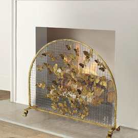 客厅欧式铁艺蝴蝶壁炉架真火护栏带网金色壁炉罩屏风带网隔断