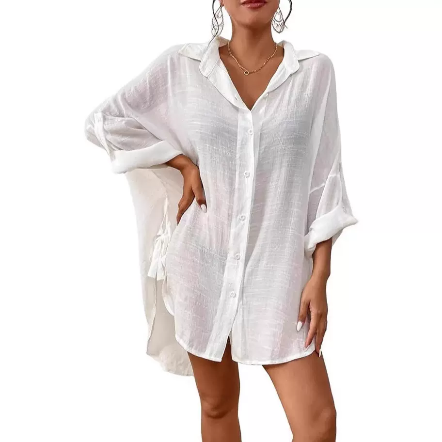 跨境2024新款欧美女士竹节棉衬衣罩衫亚马逊海边度假风比基尼罩衫