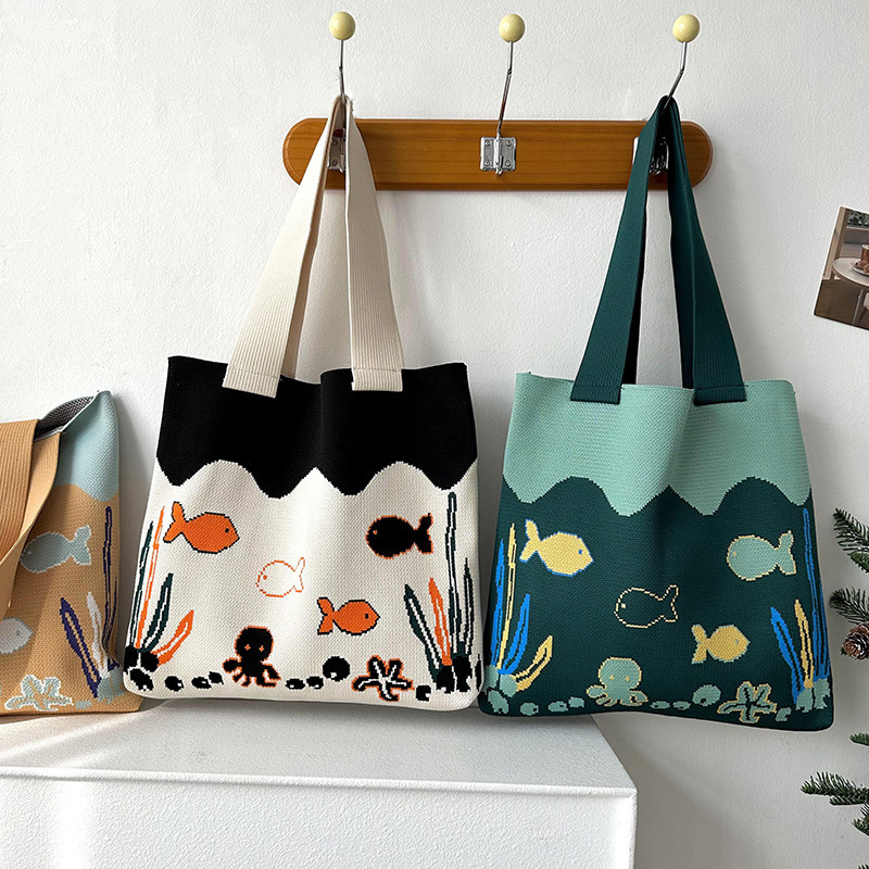 New Arrival Ocean Undersea Octopus Cute Cartoon Shoulder Bag Korean Style Women's Casual All-match Student Knitted Bag Canvas Bag New Arrival Ocean Undersea Octopus Cute Cartoon Shoulder Bag Korean Style Women's Casual All-match Student Knitted Bag Canvas Bag