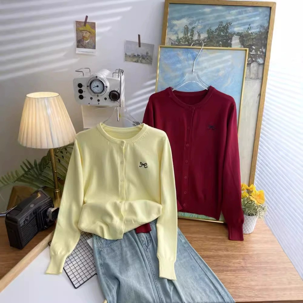 Трикотажный кардиган осень бант вышивка мягкая клейкая удобная куртка с круглым вырезом свободный свитер с длинными рукавами топ женский 4719