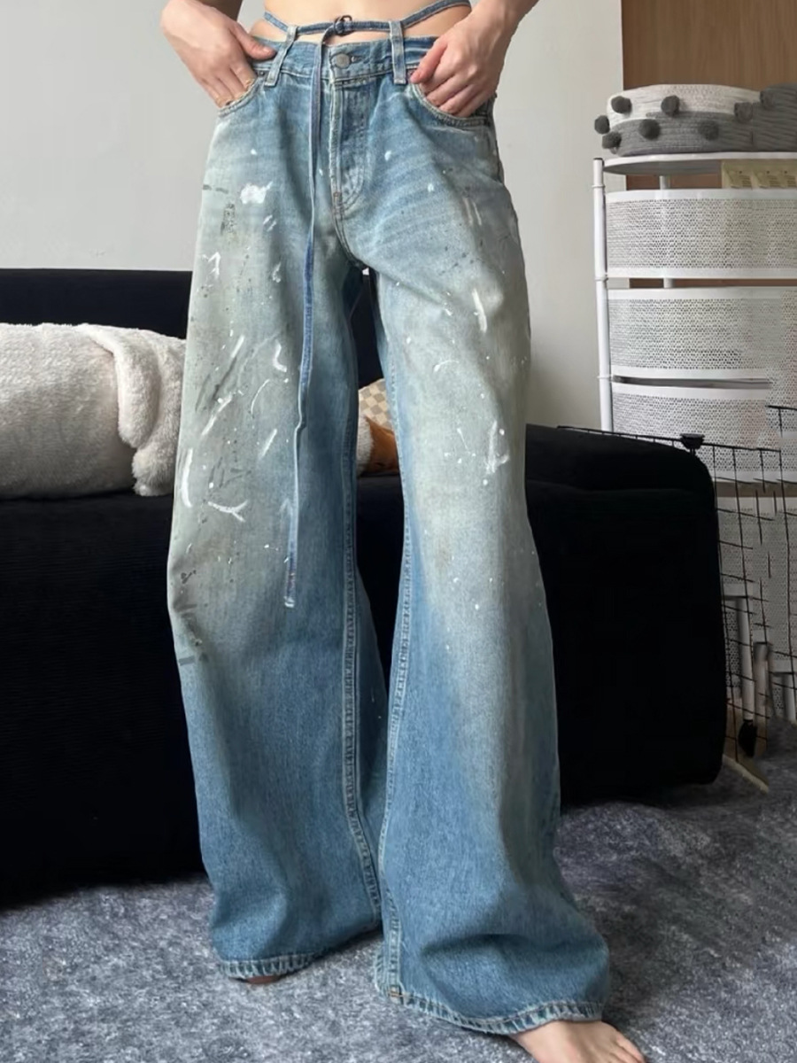 クロスボーダーのトレンディなAC手描きのスプラッシュインクのほつれ加工のウォッシュ加工のダメージ加工のパンツ、男性と女性用、ゆったりと多用途、軽くて豪華なワイドレッグジーンズ