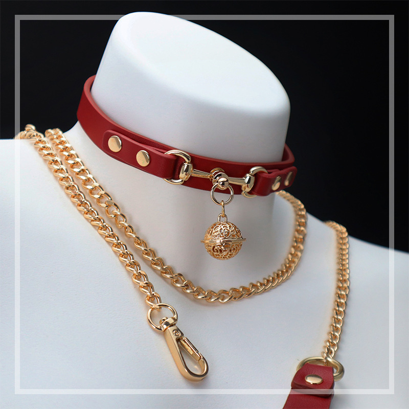 Sexy Wine Red Bell Bone Collar Sm Binding Supplies Choker Collar with Traction Outing Training Props
