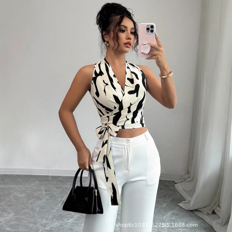 2026 European and American Cross-Border Women's Fashion Printed Halter Neck Short Top V-Neck Tie-Back Open-Back Wrap Blouse for Women