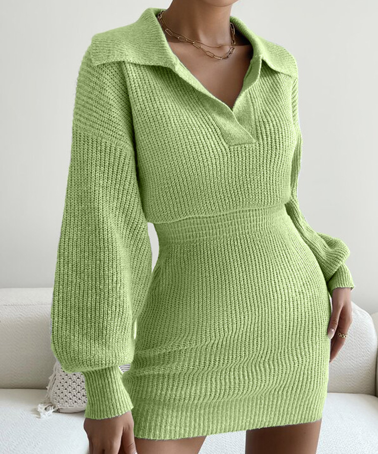 Damenbekleidung Freizeit faul Pendler Stil Revers Laterne Ärmel Strickkleid_voghion.com