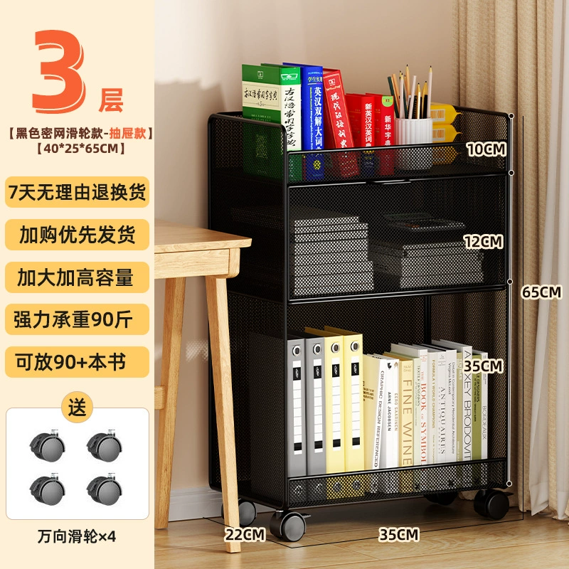Small movable bookshelf, desktop-to-floor storage with wheels, multi-tier compact organizer