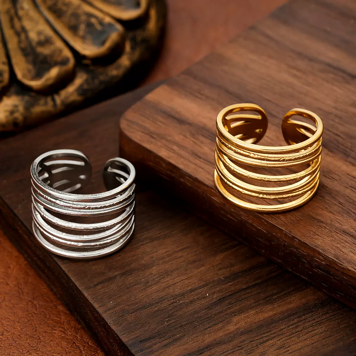 欧美跨境时尚钛钢戒指女不规则开口轻奢小众百搭线条交叉戒指批发