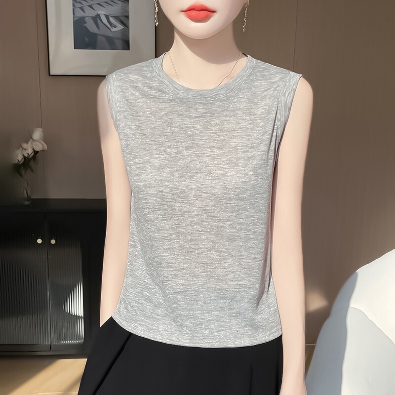 2026 Summer New High-End Round-Neck Sleeveless Top for Women, Fashionable, Simple, Skin-Friendly, Versatile, Simple Silk T-Shirt