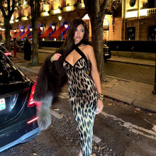 欧美风时尚秋季新款性感豹纹印花修身辣妹风无袖挂脖开叉连衣裙女