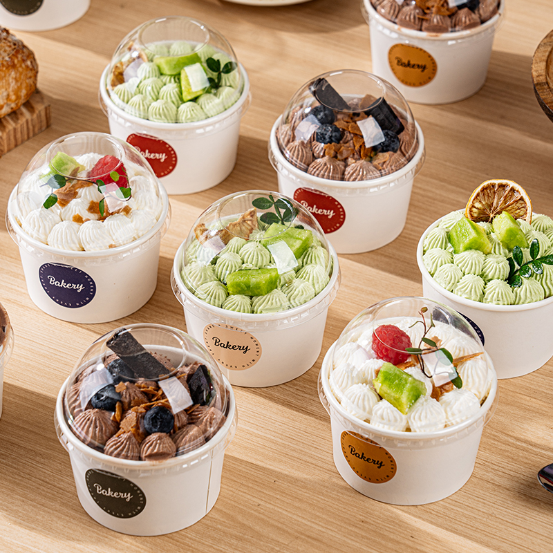 Taza de papel para pastel, taza de mousse con taza de tapa, caja de embalaje de papel para pudín, caja de postre para hornear, pequeña caja desechable