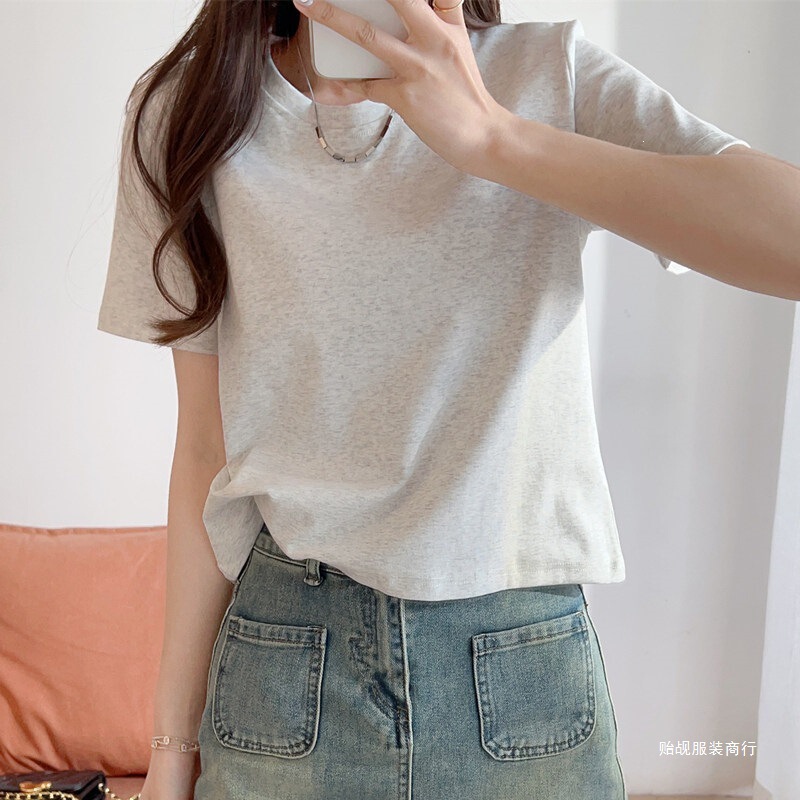 American-Style White T-Shirt for Women, Regular Shoulder Short-Sleeve, European Style, 2026 New Model, Slim-Fit Round Neck Crop Top, Short Base Shirt