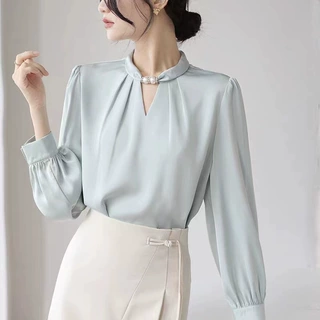 法式小众挂脖立领串珠衬衫女2025春新款套头缎面气质通勤职业上衣