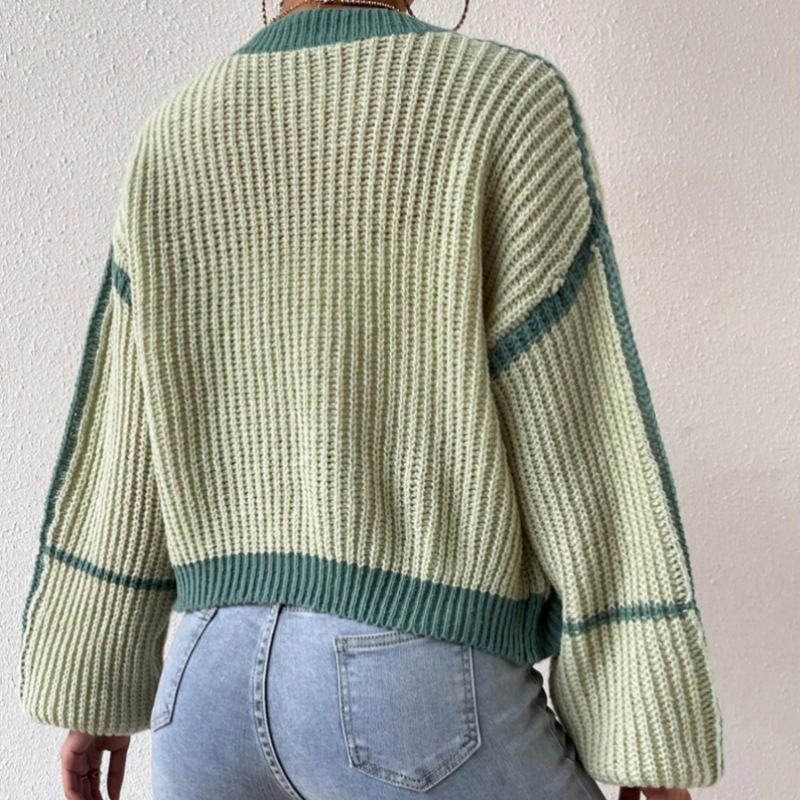 Spot suéteres personalizados transfronterizos europeos y americanos primavera y otoño suéter de punto corto cardigan chaqueta exterior suéter suelto en contraste mujeres image 6