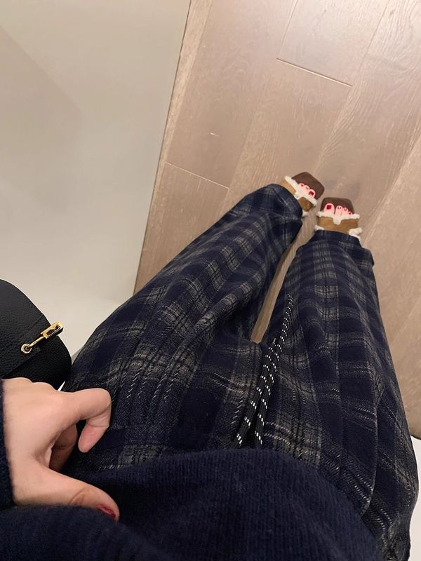 新款复古格子裤女2025春秋休闲高腰百搭直筒宽松拖地格纹阔腿裤子|undefined