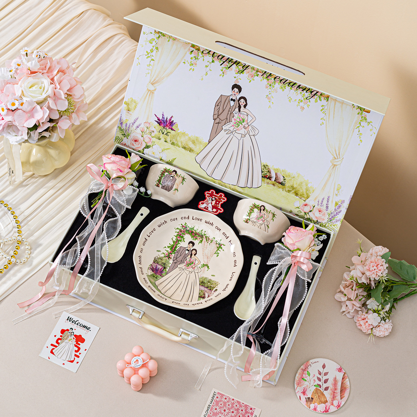 Conjunto de cubiertos de bodas y compromiso para la novia y la novia. Práctico regalo de mano. Plato de palillos y palillos. entrega de 48 horas. image 1