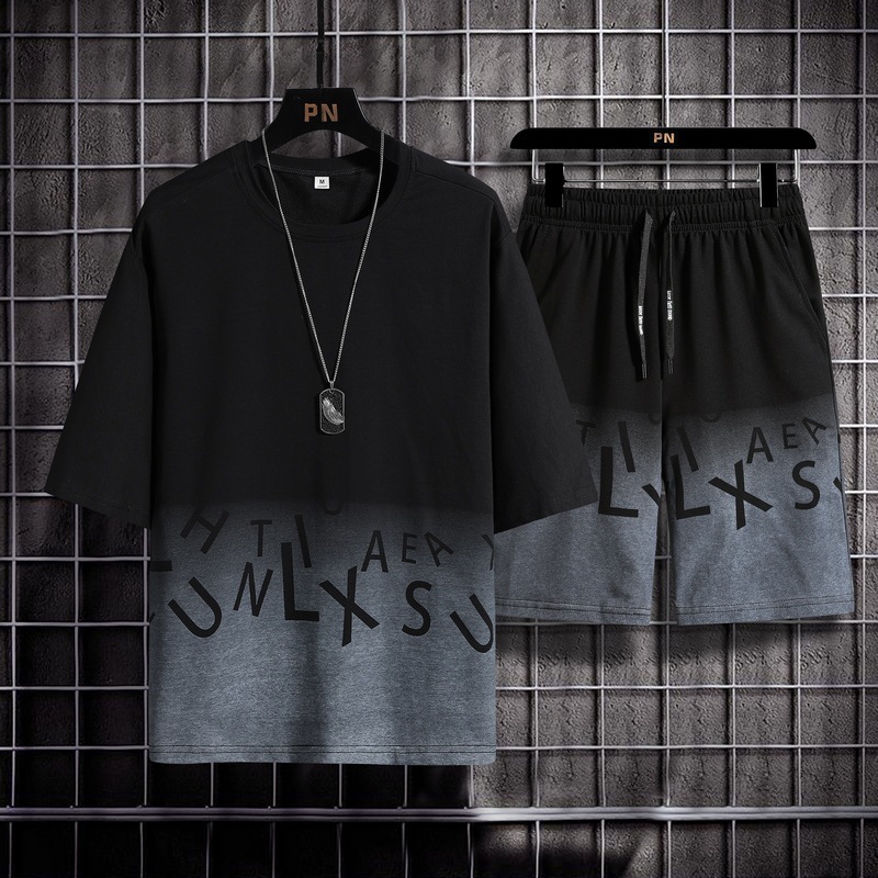 Traje casual de verano para hombres gran tamaño suelto mangas cortas cuello redondo camiseta pareja de dos piezas juego deportivo 7 pantalones cortos