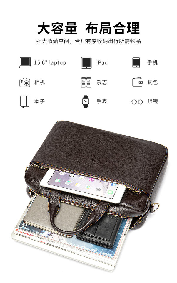 Túi đeo chéo ngang da bò thật cho nam, túi tài liệu A4 kiêm túi đựng laptop công sở — Màu cà phê chi tiết 19