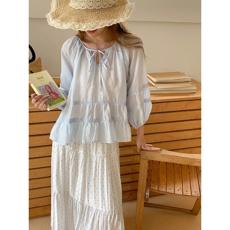 3Th Morning Sunset Island 100% Ramie Lace Patchwork Tie-Up Lace Shirt Zy4302