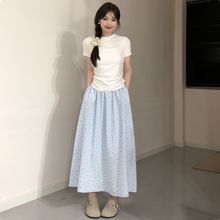 波点蓝色半身裙女夏季新款高腰a字百搭简约显瘦中长款法式伞裙潮