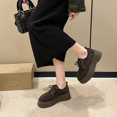 Spring New Trendy Bestselling Sanding Retro Loafers Thick Heel Mini Height Fashion Single Shoes