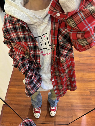 2025 Spring American Loose Retro Patchwork Plaid Long-Sleeve Casual Jacket for Women