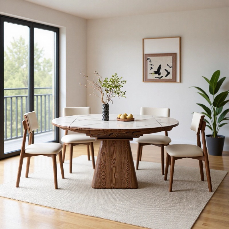 Telescopic Solid Wood Dining Table Household Ash Dining Table Simple Square and Round Dual-Purpose Slate Dining Table Induction Cooker Folding Round Table