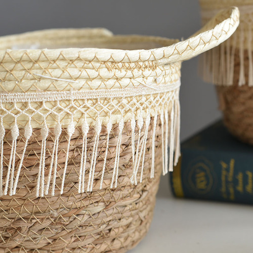 Qingqian grass flower pots, rattan woven flower arrangements, seaweed handmade round plant baskets, potted plant flower baskets
