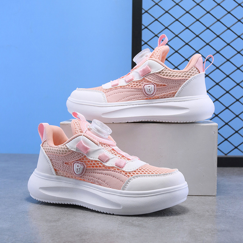 Calzado deportivo para niñas Calzado de papá con botón giratorio para niños de verano Calzado para correr de malla para niños de mediana edad Calzado deportivo para niñas