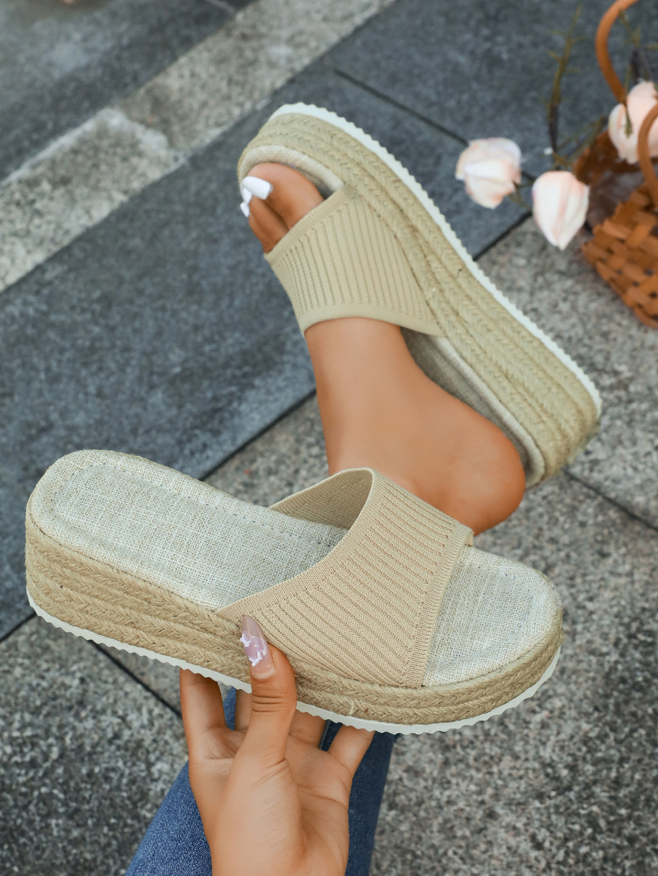 Women's Knitted Wedge Sandals Open Toe Breathable Slip-on Slippers_voghion.com