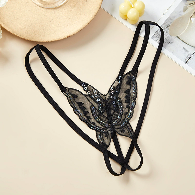 Женские прозрачные вышитые thong танг, акцент из страз, размер M (80–120 кг)