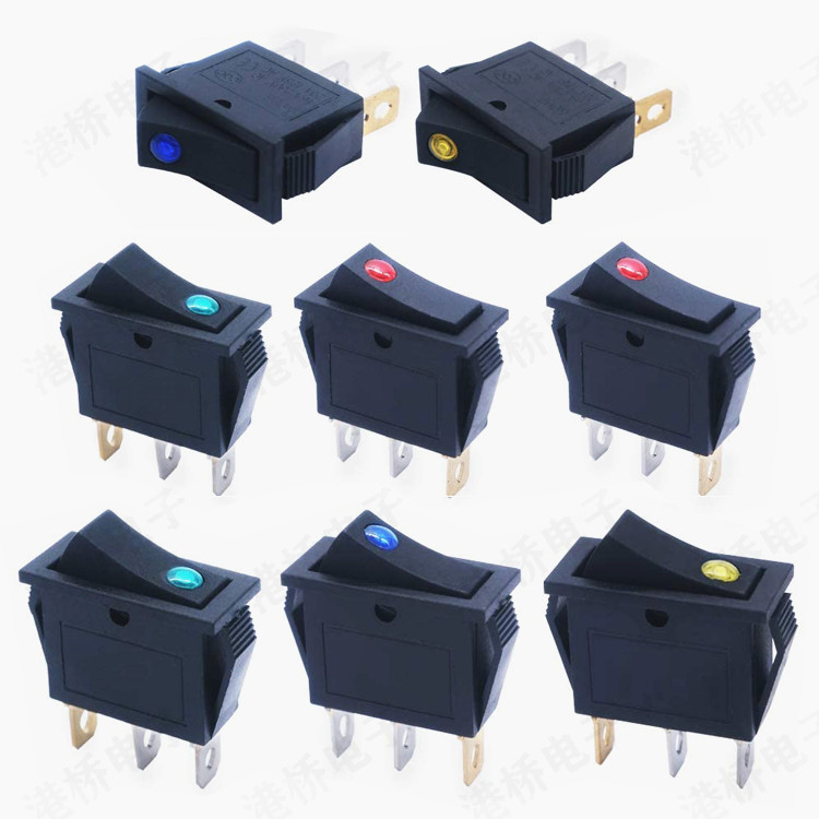 供应KCD3猫眼带灯船型开关 三脚2档 适配器DC12V LED带灯翘板开关