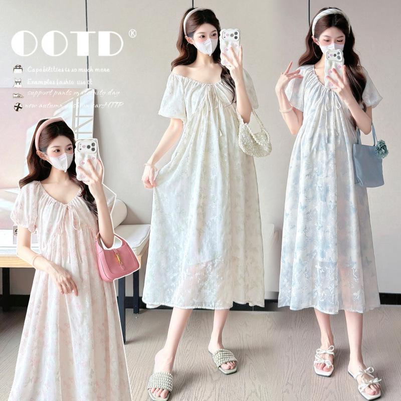 2026 Maternity Wear Summer New Style Fresh Butterfly Print Maternity Dress