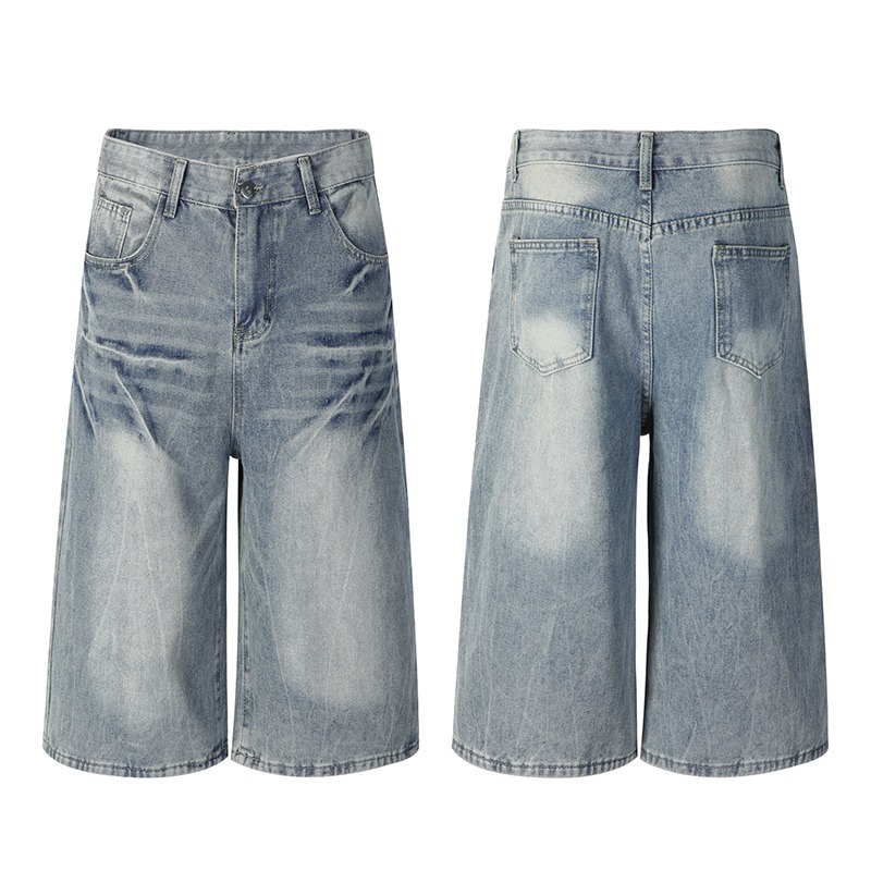 Unisex High-Street Loose Fit Cropped Jeans Lightning Bolt Washed Denim Shorts Blue M-3XL Soft Washed Denim_mkmklike.com
