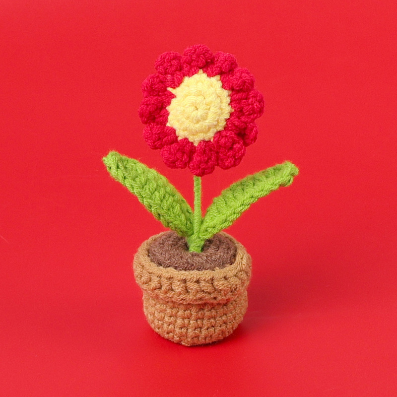 完成品クロスボーダー手作りウールかぎ針編み忘れなしひまわり模擬花鉢植えクリエイティブデスクトップ装飾品車の装飾造花|undefined