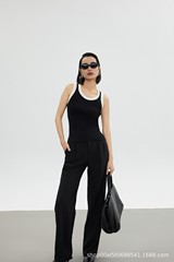 早春時髦小香風圓領羊毛上衣女黑白撞色修身款精紡羊毛針織背心女