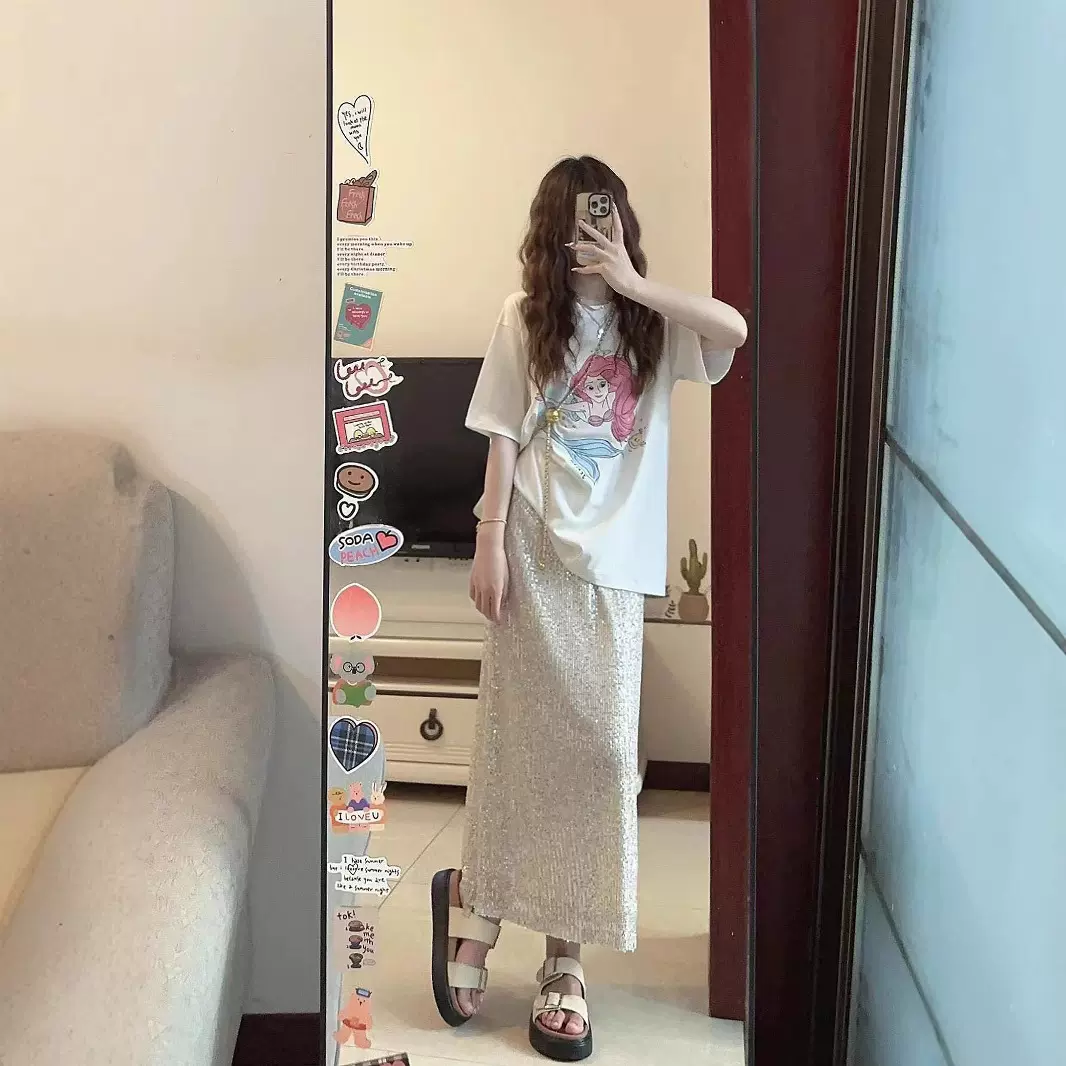 韩版美人鱼印花短袖t恤女亮片半身裙宽松两件套大码女装上衣套装