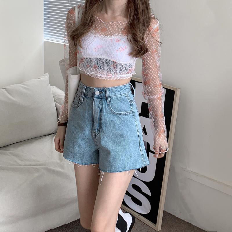 Denim Shorts Women's Summer New Korean Style High Waist Light Color Denim Shorts Women's Loose Wide Leg Pants Short Hot Pants