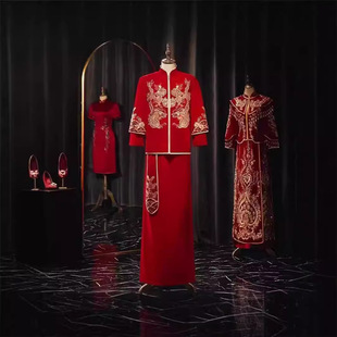 Red Velvet Xiuhe Suit 202 Men's Chinese Wedding Dress Groom Dragon and Phoenix Gown Slim Fit Toast Suit Tang Suit