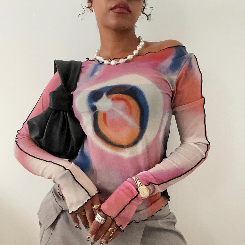 Amazon Autumn New 2024 Round Neck Pullover Long Sleeve Mesh Printing Navel European and American Top T-shirt Women's in stock