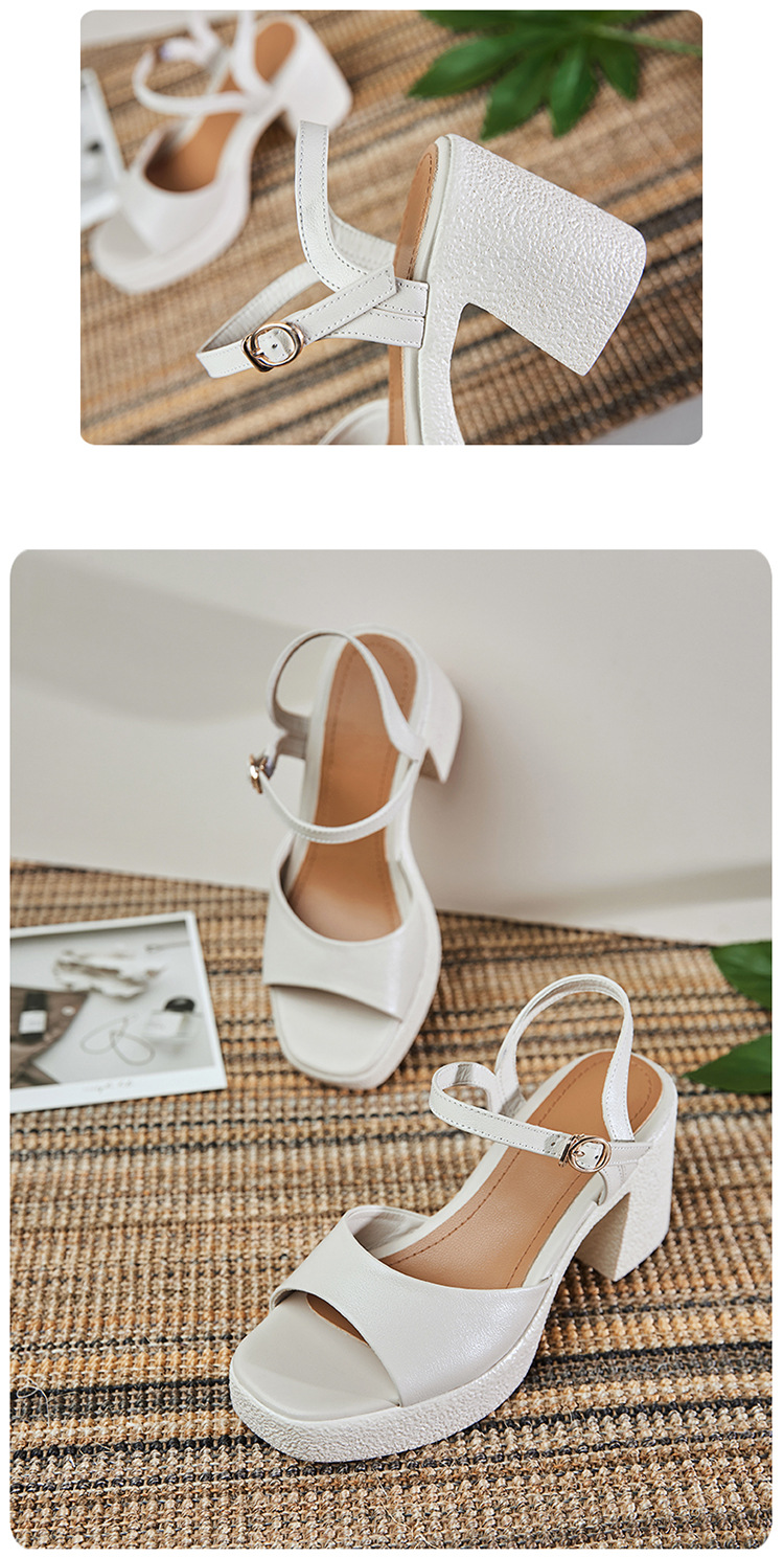Sandal cao gót nữ quai ngang da thật đế dày chống thấm — Màu đen chi tiết 29