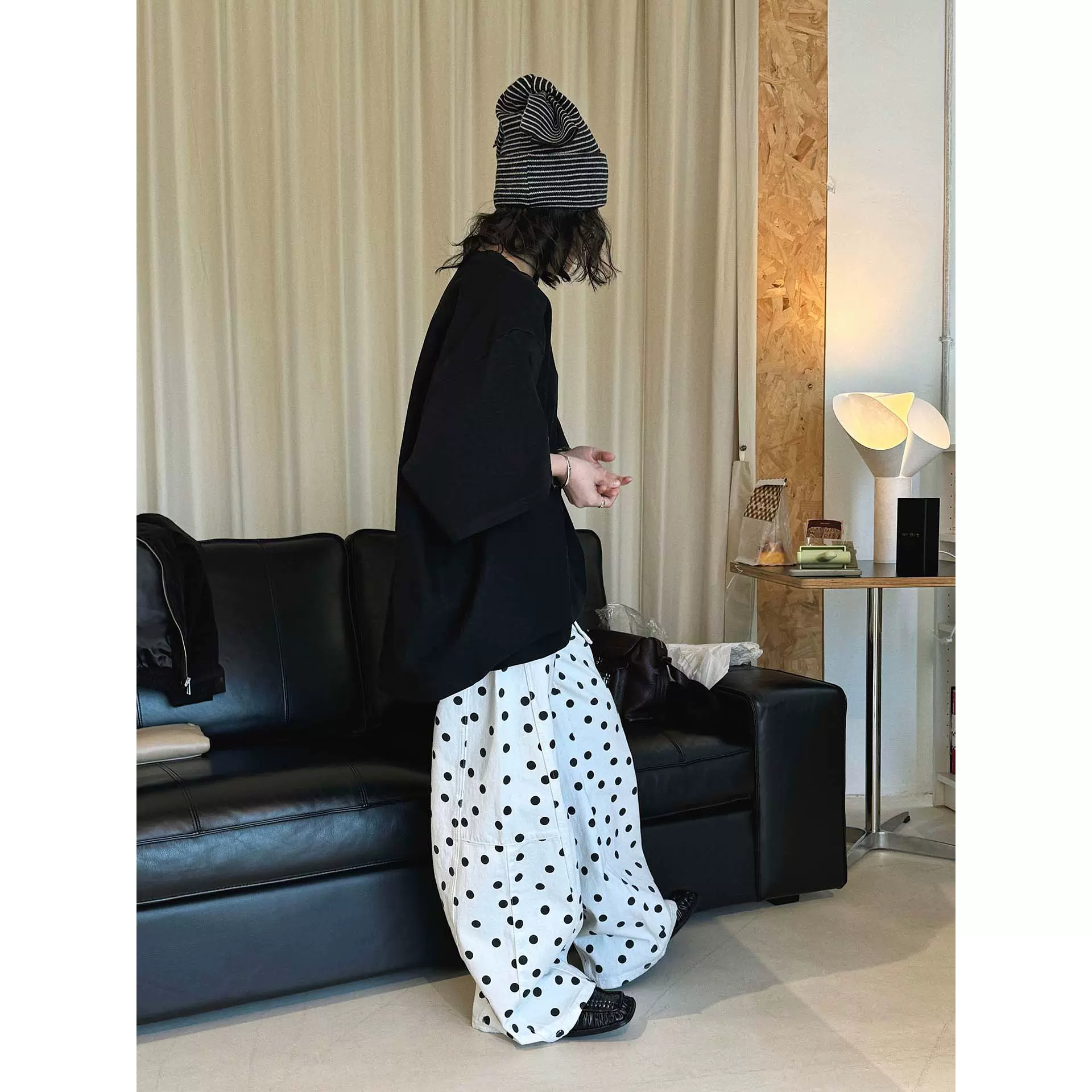 卢浮春季新款韩系时髦设计感高腰配腰带波点牛仔裤宽松廓形长裤女