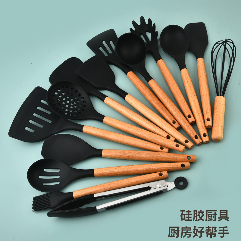 木製ハンドルシリコンキッチン用品家庭用木製ハンドルキッチン用品15点セット調理用スパチュラキッチン調理キッチン用品|undefined