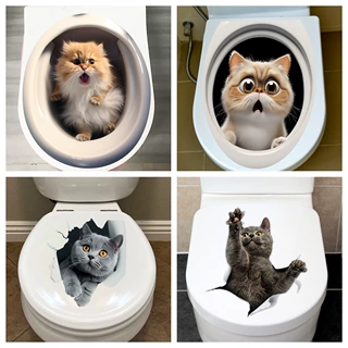 跨境创意3D破洞可爱猫咪卫生间水箱马桶贴家居装饰自粘画防水防油