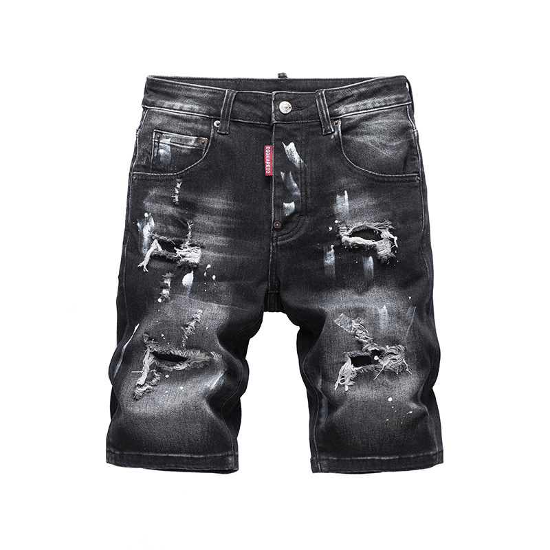 2025 New D2 Summer Slim-fit Stretch Men's Denim Shorts Rips Embroidered Mid-waist Pants