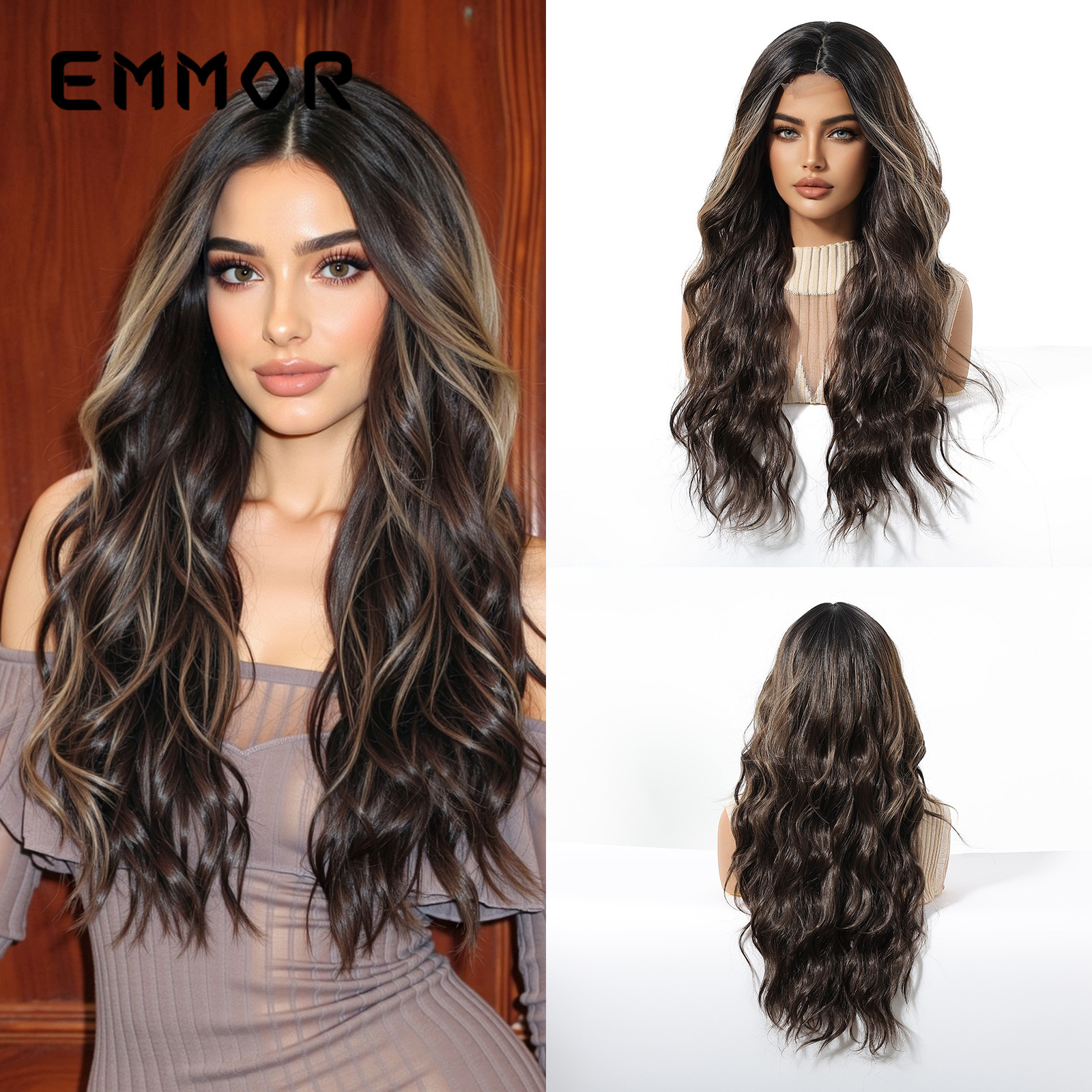 Amazon venta caliente transfronteriza frente encaje punto medio dorado gran ola pelo largo y rizado peluca de moda tipo de cabello completo