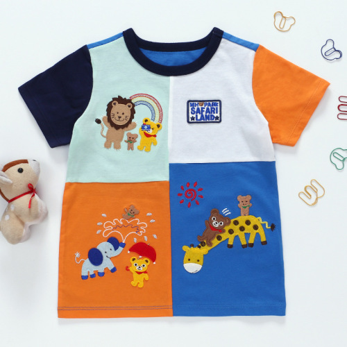 miki children's clothing summer male and female children's cartoon bear and rabbit good friends embroidered color-blocked short-sleeved T-shirts for shipping