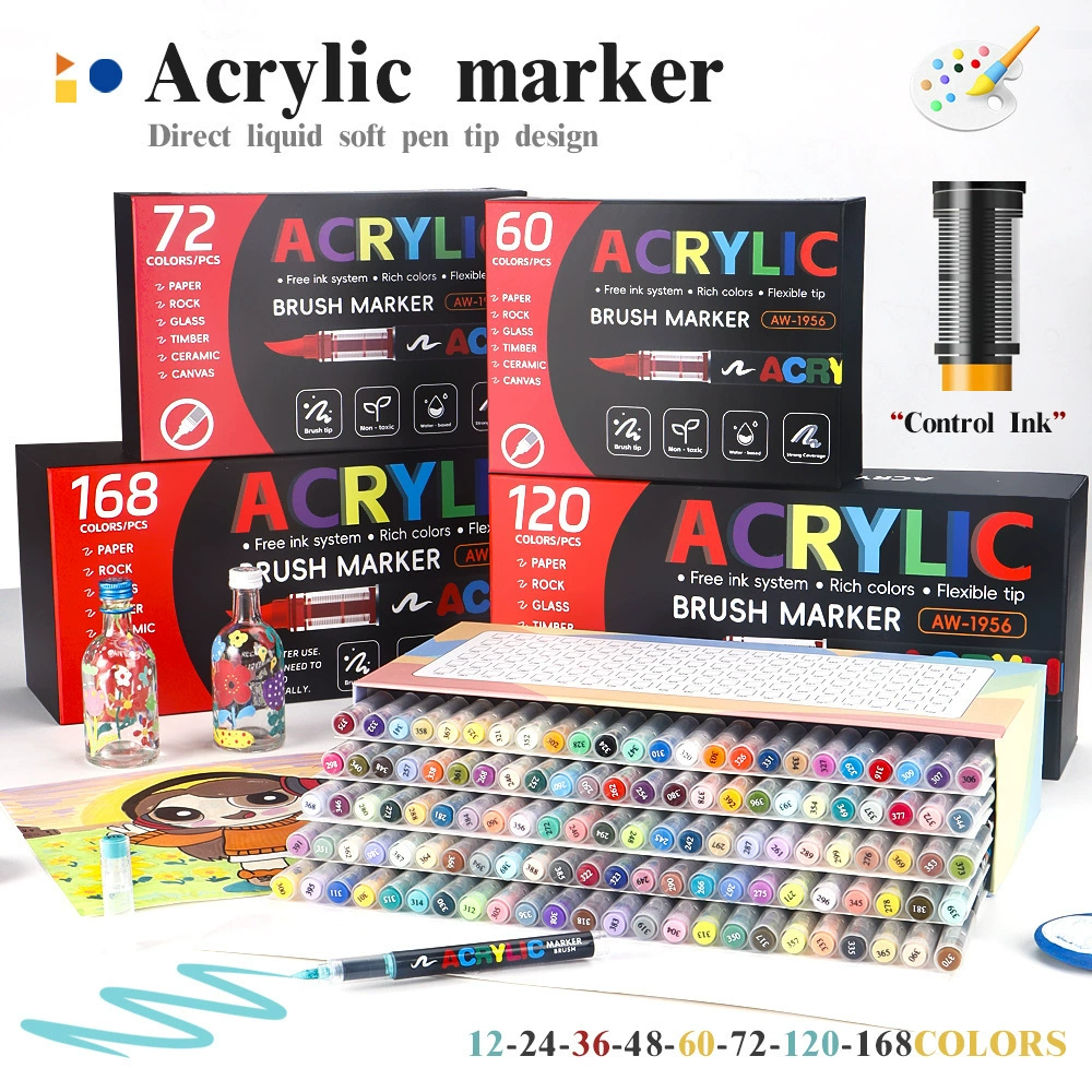 Набор прямых жидких акриловых маркеров, 168 цветов, акриловый маркер с мягкой головкой, художественный штабелируемый цветной маркер